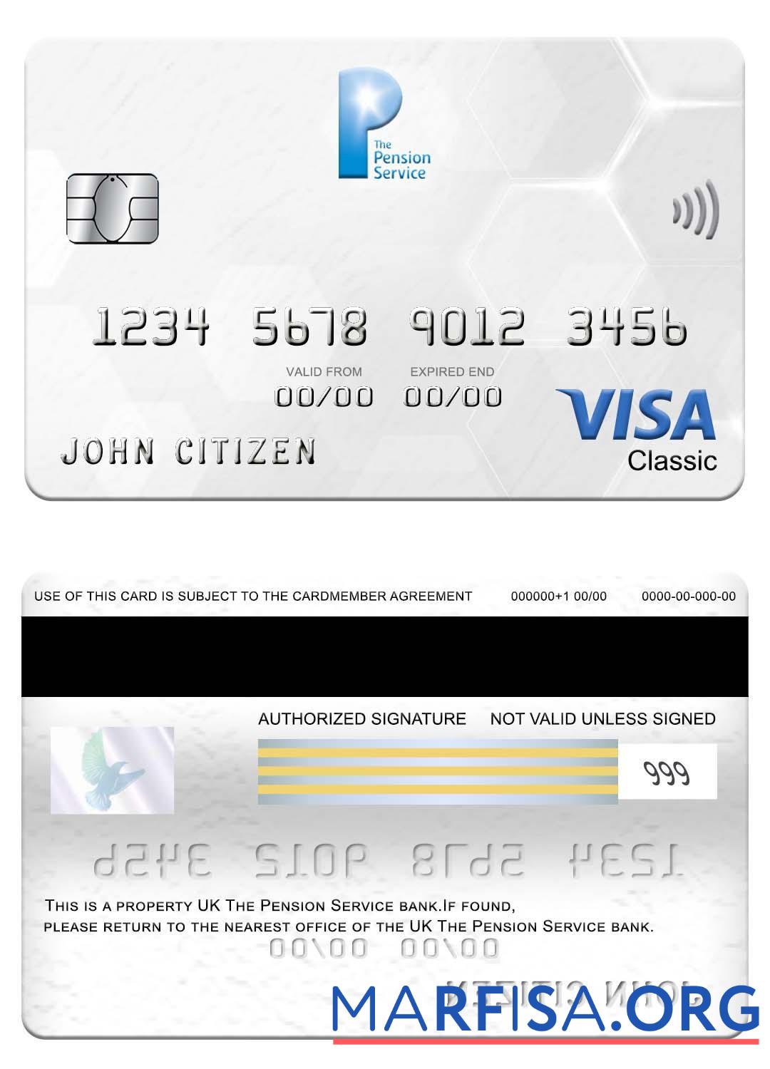 Printable United Kingdom The Pension Service bank visa classic card sample